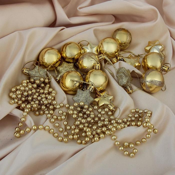 Набор украшений пластик 18 шт Набор украшений пластик 18 шт "Звёздная ночь" (9 шаров, 8 звёзд, бусы) золото