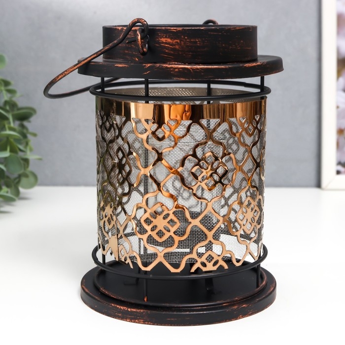 Подсвечник металл, стекло на 1 свечу Подсвечник металл, стекло на 1 свечу "Узор на фонаре" патина на чёрном ручка 18х13,5х13,5 см 78228