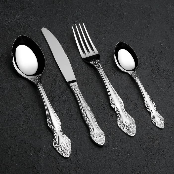 Набор столовых приборов «Тройка», 24 предмета, декоративная коробка, цвет серебряный Набор столовых приборов «Тройка», 24 предмета, декоративная коробка, цвет серебряный