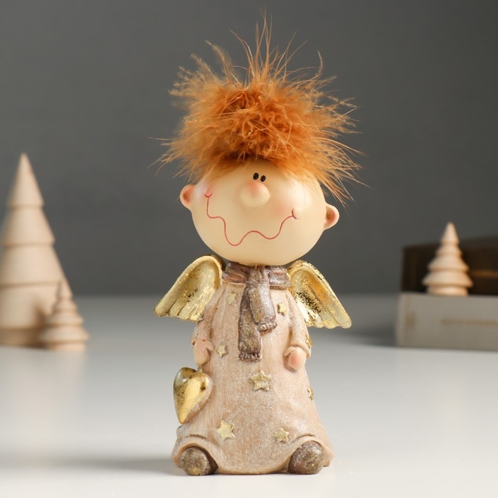Сувенир полистоун  Сувенир полистоун "Ангелочек Афоня в наряде со звёздами, с сердцем" беж, блёстки 6х9х14,5 см   94988