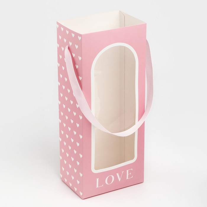 Пакет-переноска для цветов с пластиковым окном, Love, розовая, 30 х 12 х 8 см
