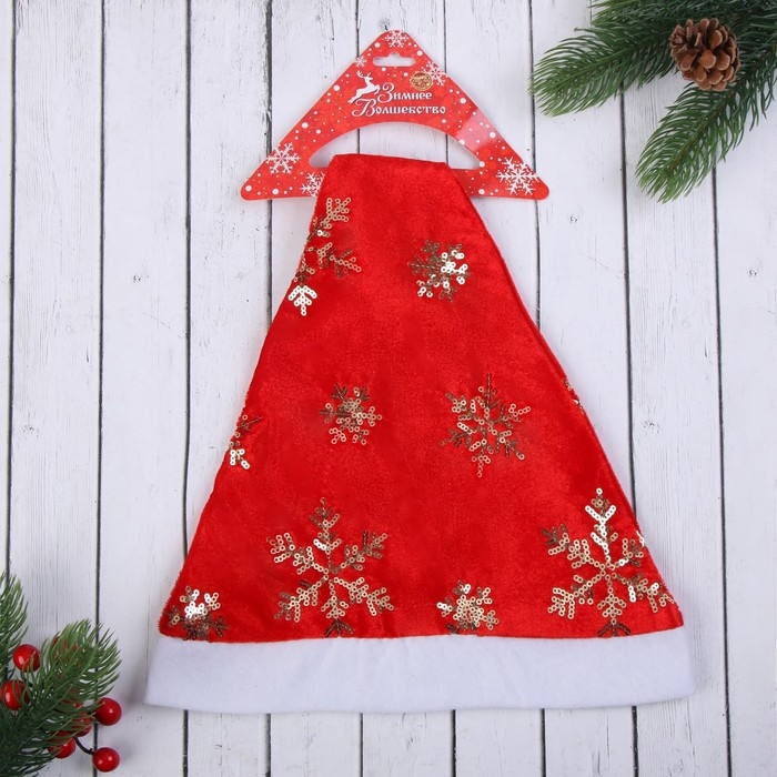 Колпак новогодний  Колпак новогодний "Золотистые снежинки" 28х36 см, красный