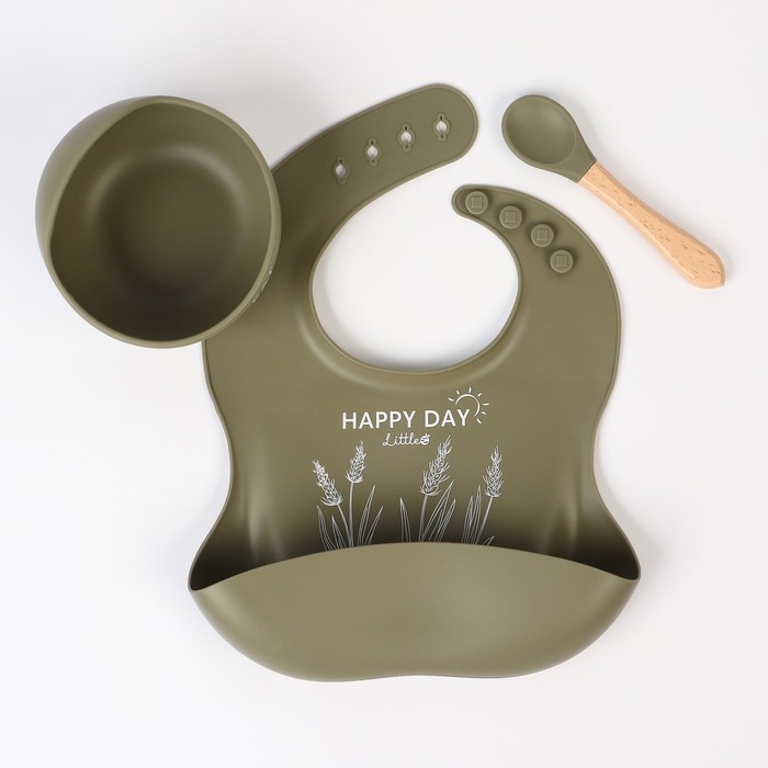Набор для кормления: нагрудник, тарелка на присоске, ложка, M&B, зеленый Набор для кормления: нагрудник, тарелка на присоске, ложка, M&B, зеленый
