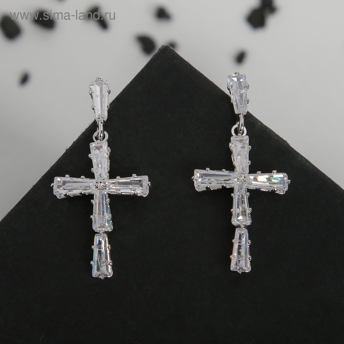 Серьги со стразами «Крестики искры» цвет белый в серебре Серьги со стразами «Крестики искры» цвет белый в серебре
