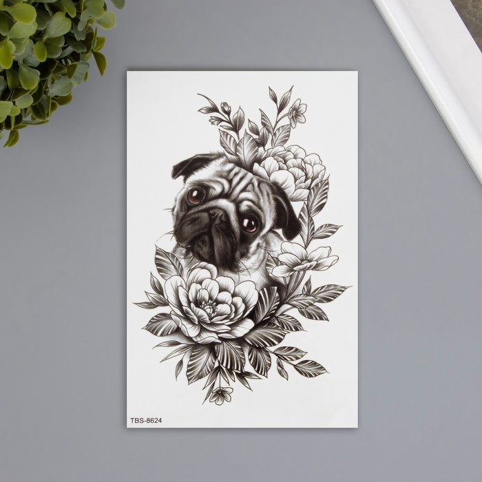 Татуировка на тело цветная Татуировка на тело цветная "Мопс в цветах" 12х19 см