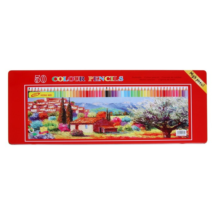 Карандаши 50 цветов, в металлическом пенале, корпус шестигранный, заточенные Карандаши 50 цветов, в металлическом пенале, корпус шестигранный, заточенные