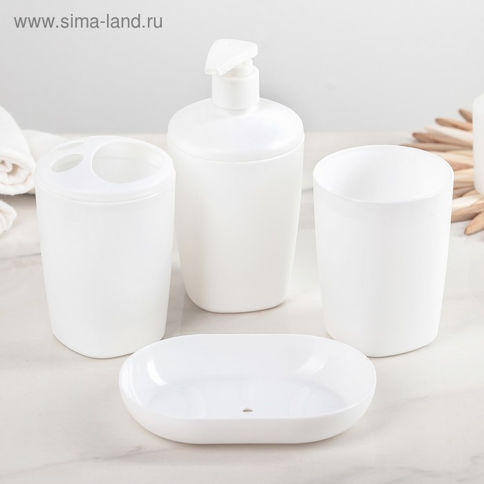 Набор аксессуаров для ванной комнаты Aqua, 4 предмета (дозатор, мыльница, 2 стакана), цвет белый Набор аксессуаров для ванной комнаты Aqua, 4 предмета (дозатор, мыльница, 2 стакана), цвет белый