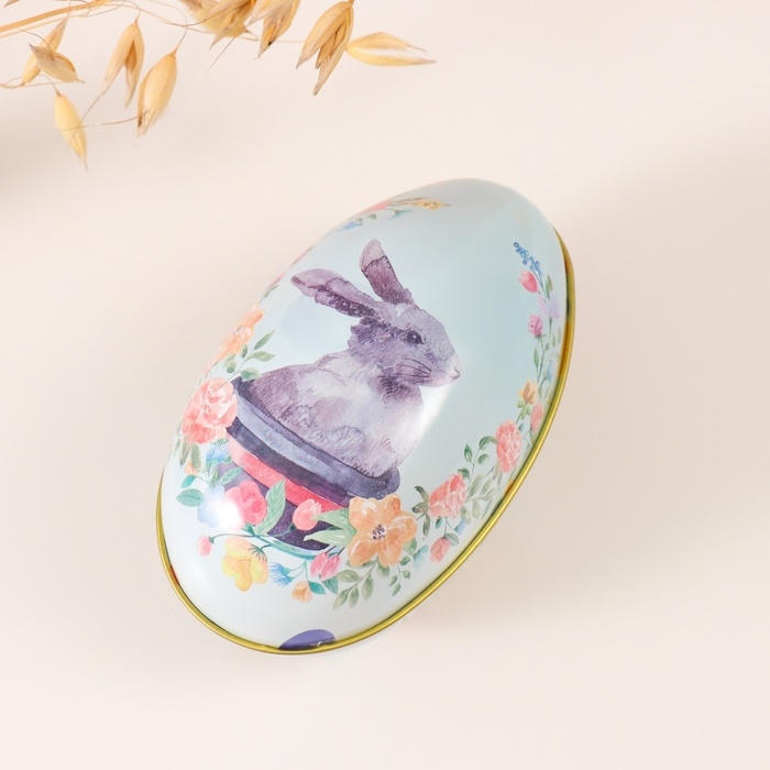 Шкатулка металл яйцо  Шкатулка металл яйцо "Пасхальный зайка в горшке" 7х6,5х11 см