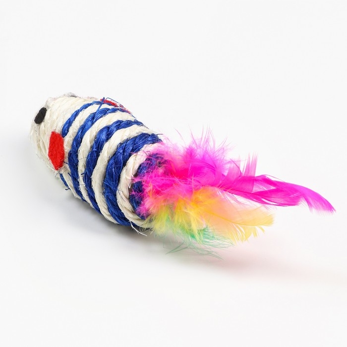 Мышь-погремушка сизалевая, 7 см, синяя/белая Мышь-погремушка сизалевая, 7 см, синяя/белая