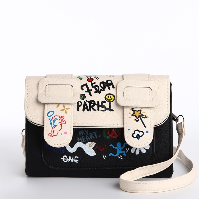 Сумка женская-мессенджер, цвет черный с белым 18,5*13*8 см Сумка женская-мессенджер, цвет черный с белым 18,5*13*8 см