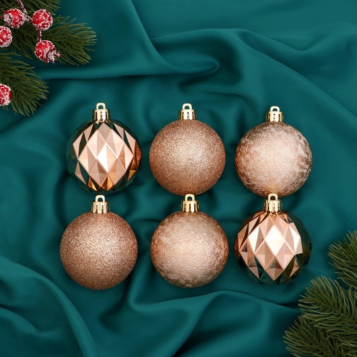 Набор шаров пластик d-6 см, 6 шт Набор шаров пластик d-6 см, 6 шт "Элит грани" золото