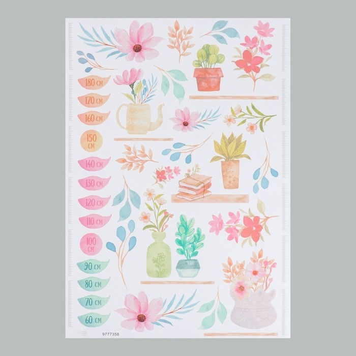 Наклейка интерьерная цветная ростомер  Наклейка интерьерная цветная ростомер "Цветы в горшочках" 50х70 см