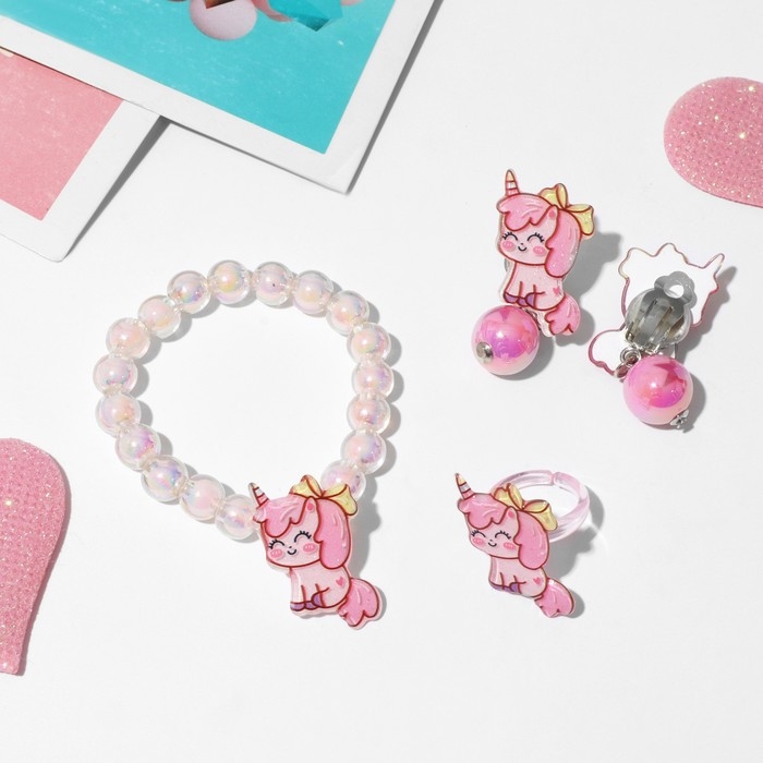 Набор детский «Выбражулька» 3 предмета: клипсы, браслет, кольцо, единорожки, цветной Набор детский «Выбражулька» 3 предмета: клипсы, браслет, кольцо, единорожки, цветной