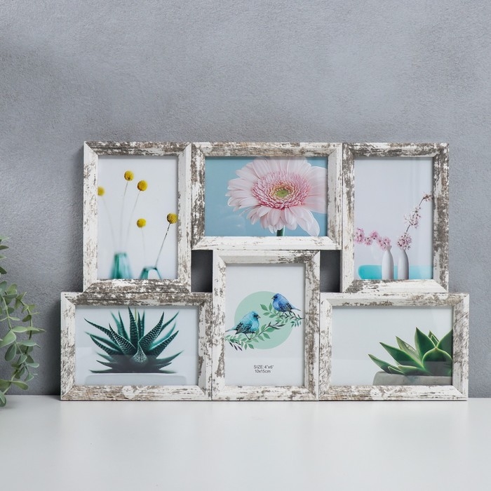 Фоторамка МДФ на 6 фото 10х15 см  Фоторамка МДФ на 6 фото 10х15 см "Белая состаренная" 29,5х46,5х2 см