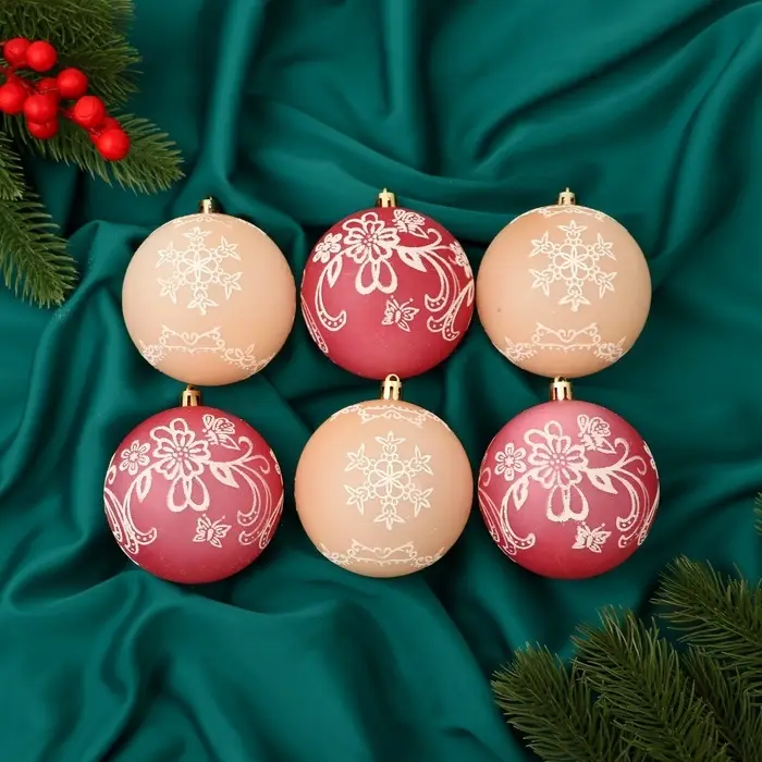 Ёлочные игрушки &laquo;Ажур&raquo;, шары новогодние, d=7.5 см, набор 6 шт., красный/бежевый