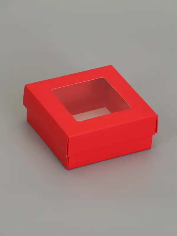 Коробка складная, крышка-дно,с окном, красная, 12 х 12 х 5 см
