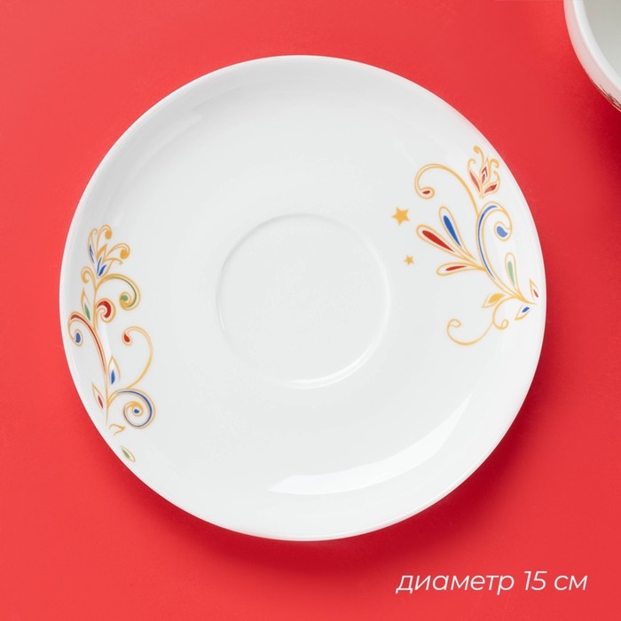 Новогодняя чайная пара Доляна «Сани Деда Мороза», 2 предмета: чашка 210 мл, блюдце d=15 см, фарфор, цвет белый Новогодняя чайная пара Доляна «Сани Деда Мороза», 2 предмета: чашка 210 мл, блюдце d=15 см, фарфор, цвет белый