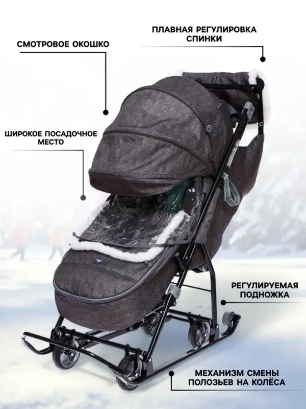 Санки - коляска «Наши детки 6», чехол для ног, муфта, сумка, принт с ламой, серый Санки - коляска «Наши детки 6», чехол для ног, муфта, сумка, принт с ламой, серый