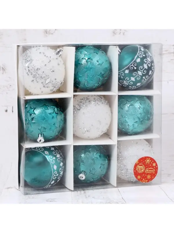 Ёлочные игрушки &laquo;Джейн - узоры звёзды&raquo;, d=8 см, набор 9 шт., зелёно-белый