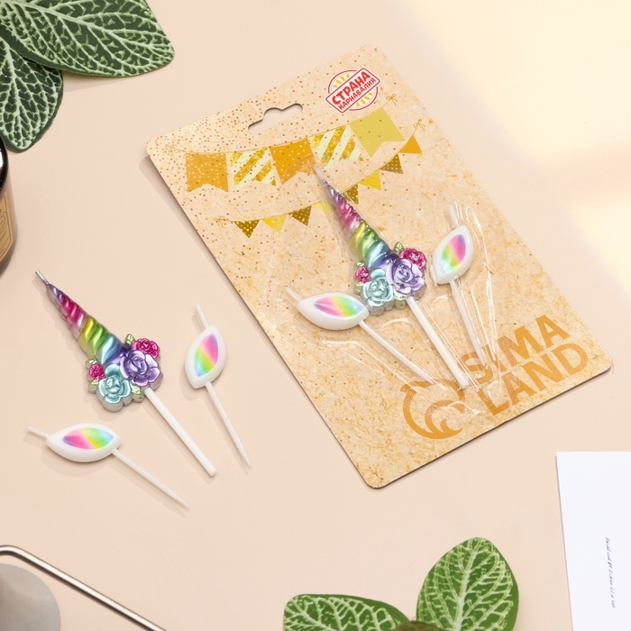 Набор свечей для торта, 3 шт  Набор свечей для торта, 3 шт "Волшебный единорог", разноцветные