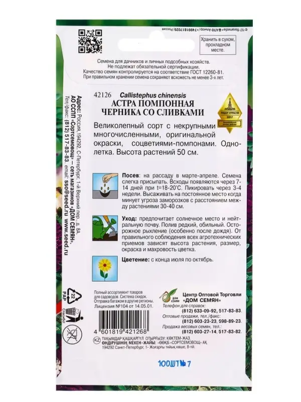 Семена цветов Астра помпон. Черника со сливками 100 шт