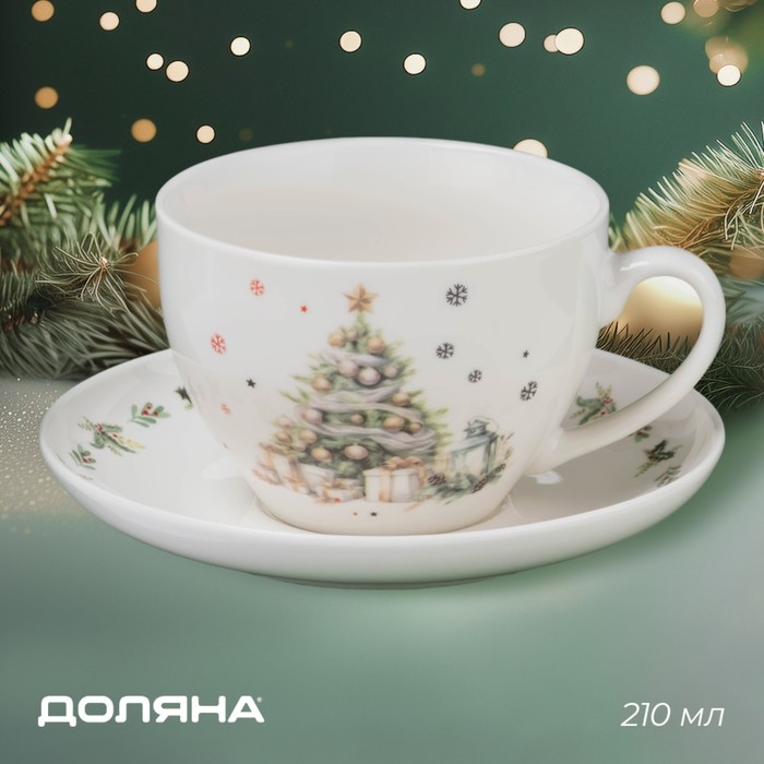 Новогодняя чайная пара Доляна «Ель», 2 предмета: чашка 210 мл, блюдце d=15 см, фарфор, цвет белый Новогодняя чайная пара Доляна «Ель», 2 предмета: чашка 210 мл, блюдце d=15 см, фарфор, цвет белый