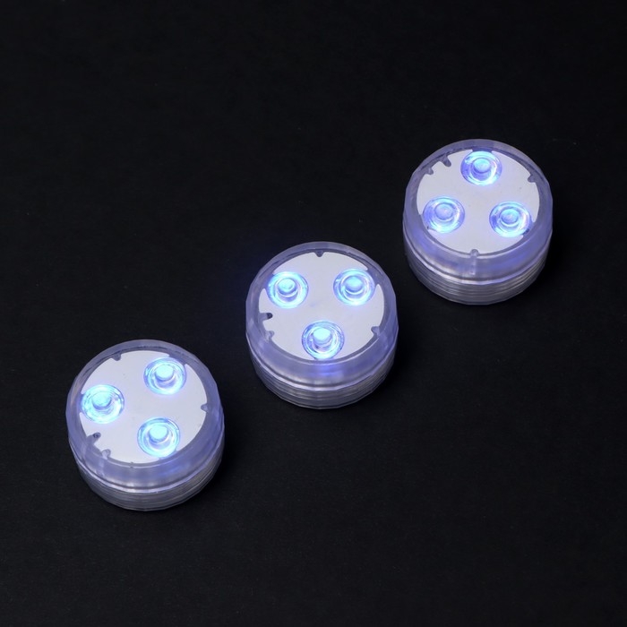 Светильник водонепроницаемый мини, 3 x 1.9 см, 3 шт, от CR2032 (в компл.), пульт, RGB, IP68 Светильник водонепроницаемый мини, 3 x 1.9 см, 3 шт, от CR2032 (в компл.), пульт, RGB, IP68