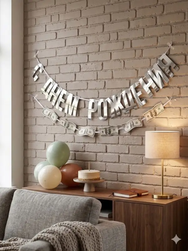 Гирлянда на ленте &laquo;С днем рождения&raquo; с долларами