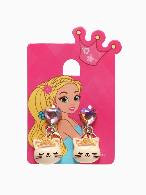 Серьги-клипсы детские  Серьги-клипсы детские "Выбражулька" кот с сердцем кристалл, цветные