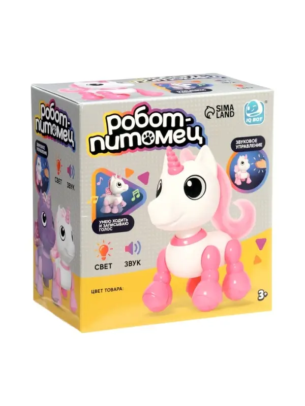 Робот единорог &laquo;Питомец&raquo; IQ BOT, интерактивный: с записью звуков, реагирует на хлопки, звук, свет, на батарейках, розовый