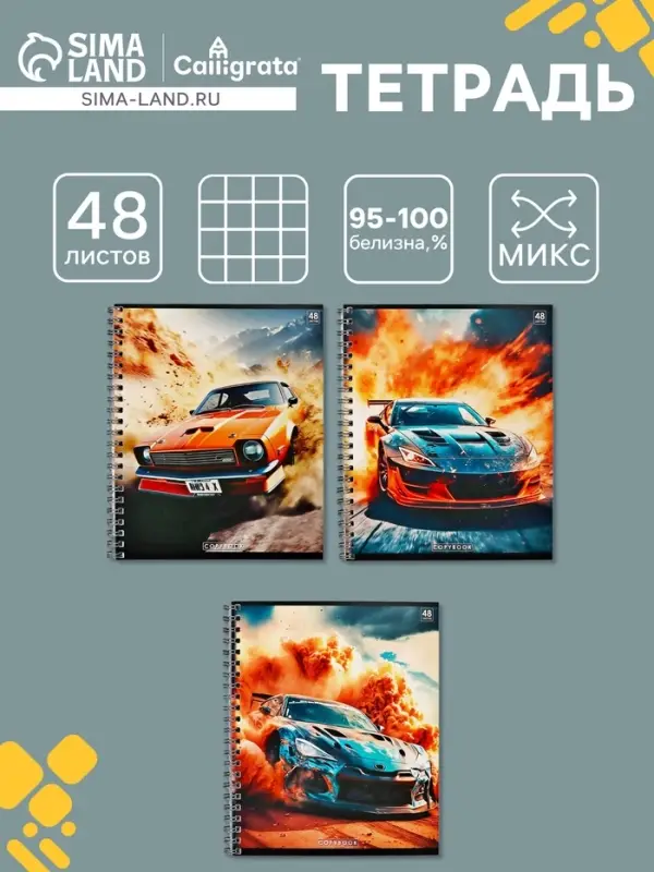 Тетрадь 48 листов в клетку на гребне Calligrata &laquo;Авто&raquo;, МИКС
