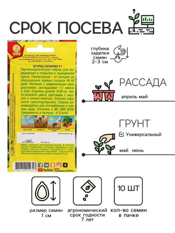 Семена Огурец "Онтарио",  F1, ц/п, 10 шт