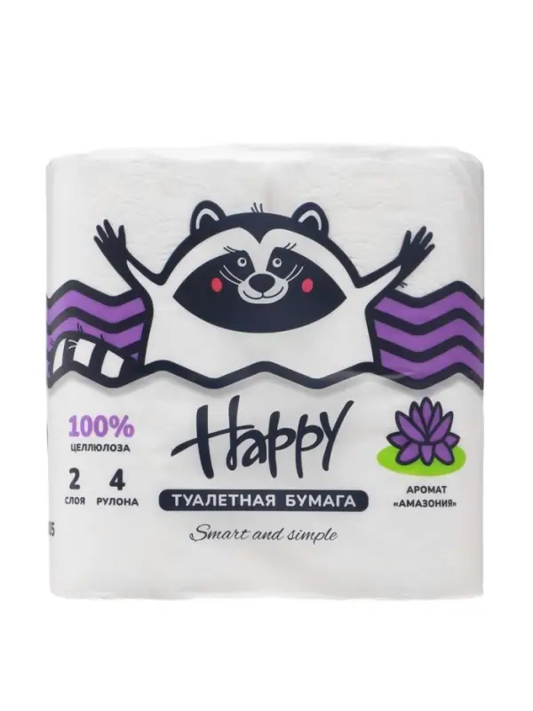 Туалетная бумага HAPPY со втулкой, аромат амазония, 2 слоя, 4 рулона