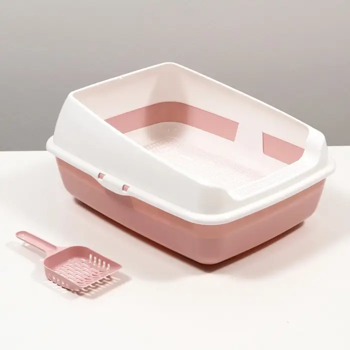 Лоток для кошек, 50.5&times;39&times;23 см, с сеткой и совком, пластик, розовый
