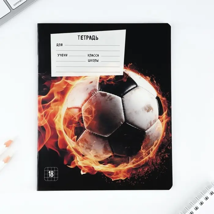 Тетрадь в клетку 18 листов А5, на скрепке &laquo;Футбол&raquo;, обложка мелованный картон, 5 видов МИКС