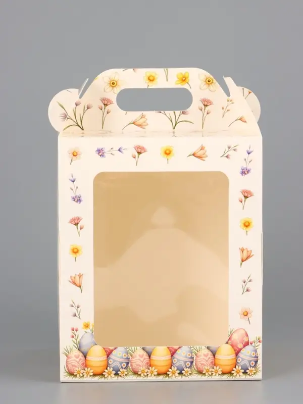 Коробка подарочная пасхальная с окном, с фронтальной загрузкой «Кролик в корзинке» 15×15×18 см