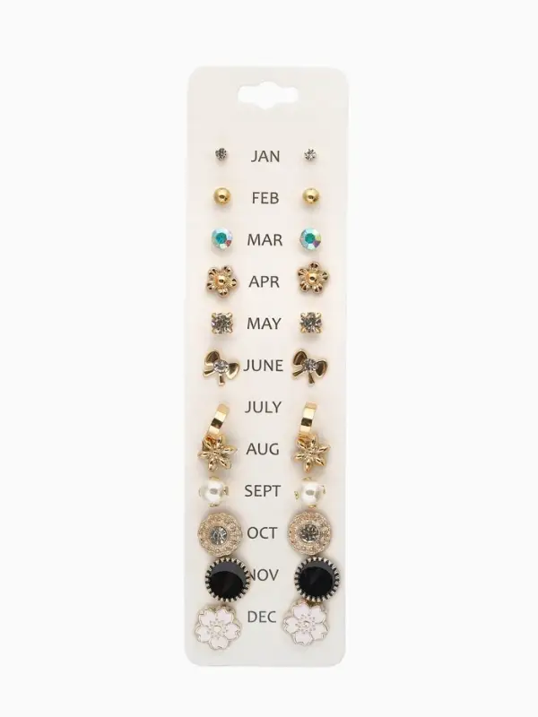 Серьги пусеты One year, 12 пар, весеннее ассорти, бело-чёрные в золоте