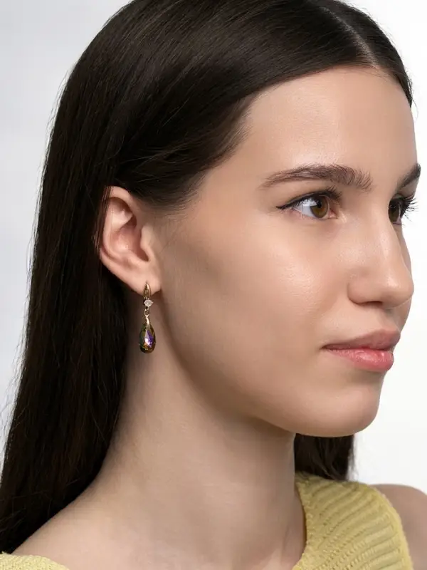 Серьги со стразами &laquo;Иллюзион&raquo;, капля на овале, бело-бензиновые в розовом золоте