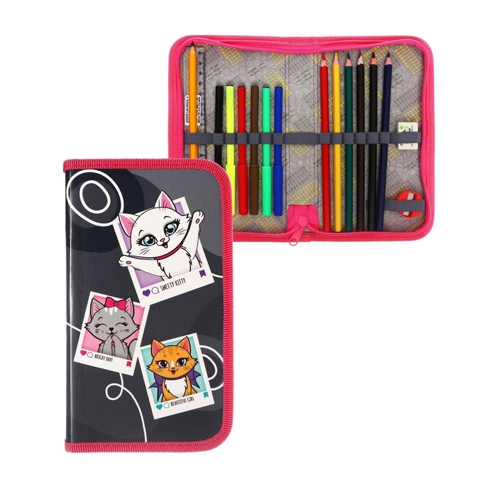 Пенал 1 секция, 115 х 205 мм, с наполнением 16 предметов, Calligrata Пенал 1 секция, 115 х 205 мм, с наполнением 16 предметов, Calligrata "Котята" ламинированный картон, 30П26/set