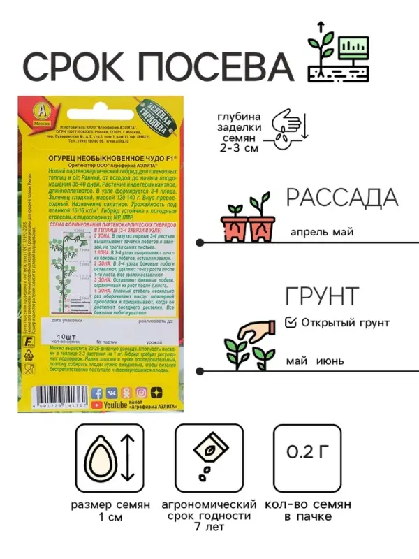 Семена Огурец Семена Огурец "Необыкновенное чудо" F1, раннеспелый, партенокарпический, 0,25 г ( 10 шт.)