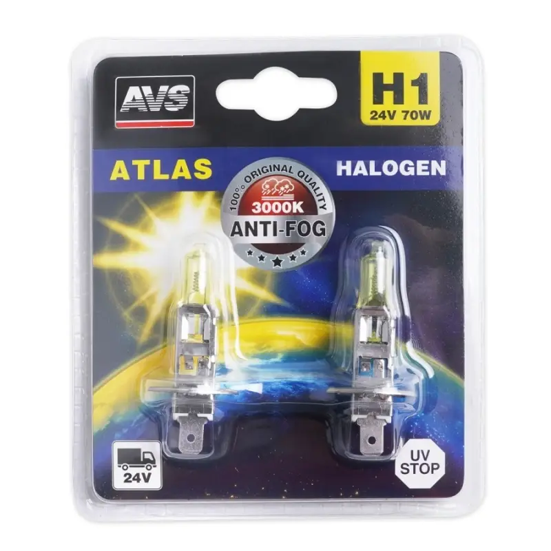 Галогенная лампа AVS /ATLAS ANTI-FOG/желтый H1.24V.70W.блистер 2шт.
