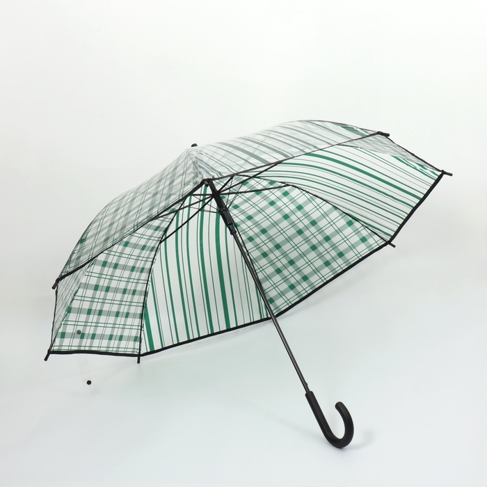 Зонт - трость полуавтоматический «Клетка», 8 спиц, R = 54/60 см, D = 120 см, цвет прозрачный/изумрудный Зонт - трость полуавтоматический «Клетка», 8 спиц, R = 54/60 см, D = 120 см, цвет прозрачный/изумрудный