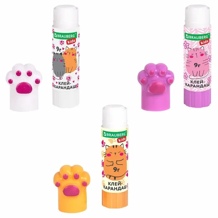 Клей - карандаш 9 г, PVP, &laquo;Лапки&raquo; Cat Paw, фигурный колпачок, BRAUBERG KIDS, МИКС