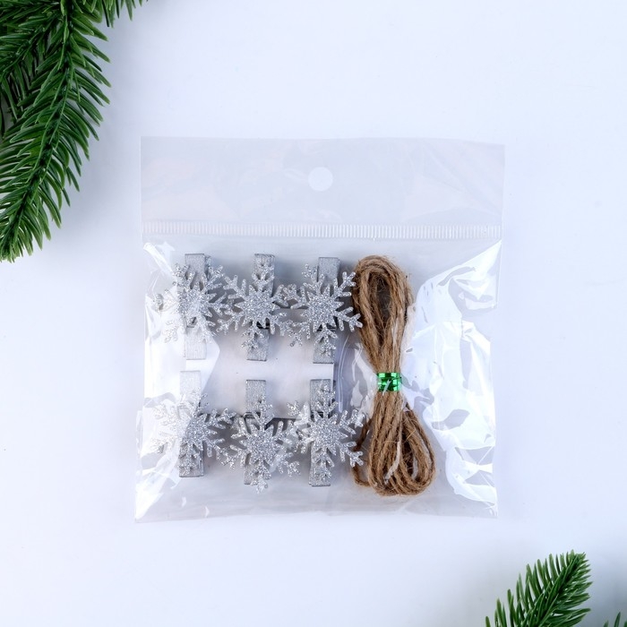 Прищепки для декора «Снежинки» серебряные, 6 шт. Прищепки для декора «Снежинки» серебряные, 6 шт.