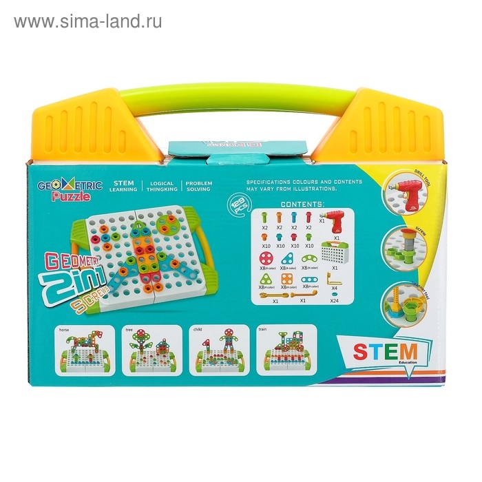 Конструктор винтовая мозайка «Объемные фигуры», 2 в 1, с шуруповертом,129 деталей Конструктор винтовая мозайка «Объемные фигуры», 2 в 1, с шуруповертом,129 деталей