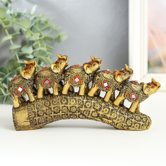Сувенир полистоун Сувенир полистоун "Пять слонов на бивне с цветами" бронза 17х4х8 см