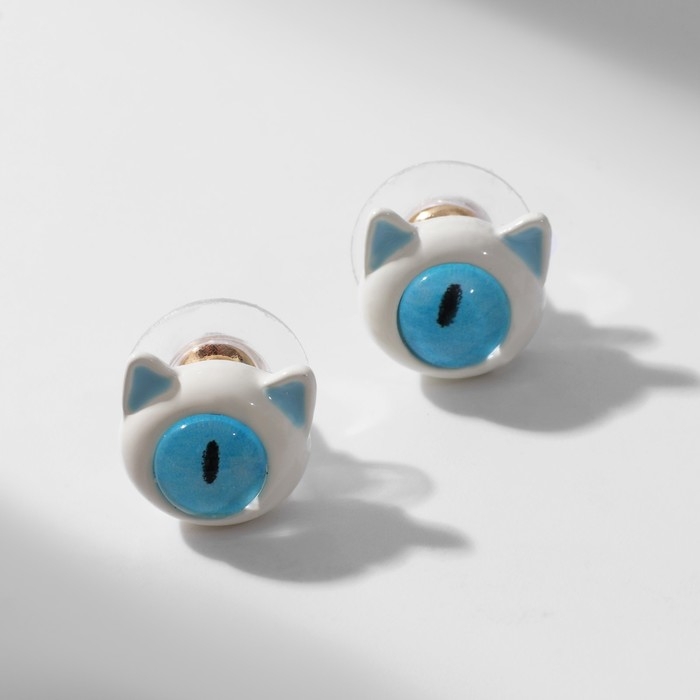 Серьги с эмалью «Монстрики» котик, цвет бело-голубой Серьги с эмалью «Монстрики» котик, цвет бело-голубой