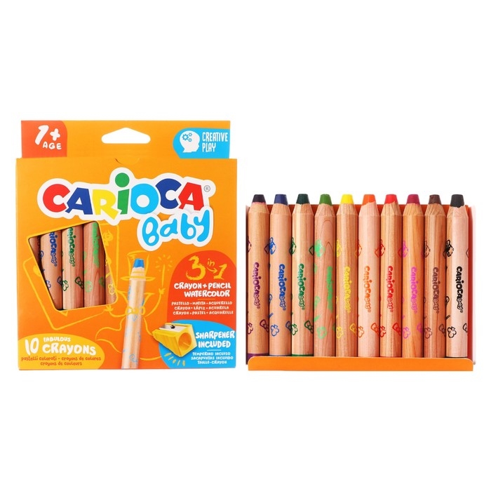 Мелки восковые 10 цветов, Carioca Мелки восковые 10 цветов, Carioca "Baby", 3 в 1, утолщенные корпус, грифель 10 мм, удобные для захвата, яркие цвета, точилка в подарок, для малышей