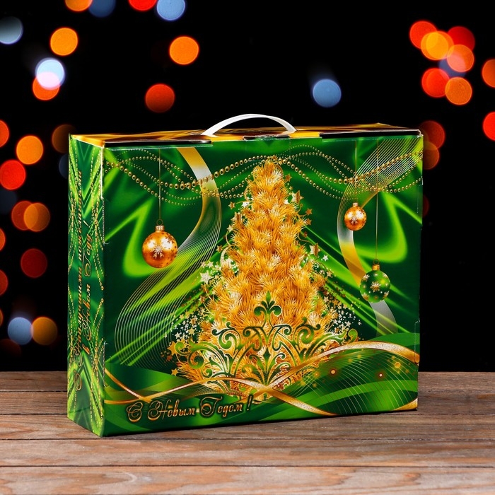 Новый год. Подарочная коробка Новый год. Подарочная коробка "Праздничный Шелк" в зеленом 29 х 9 х 25 см.