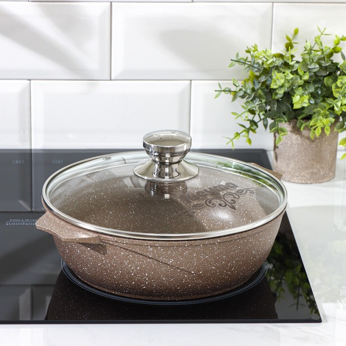 Жаровня «Гранит Brown», 2,4 л, d=26 см, стеклянная крышка, антипригарное покрытие, цвет коричневый Жаровня «Гранит Brown», 2,4 л, d=26 см, стеклянная крышка, антипригарное покрытие, цвет коричневый